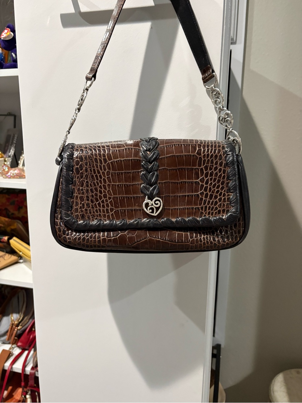 Brighton Brown Croc-Embossed Shoulder Bag with Black Braided Trim